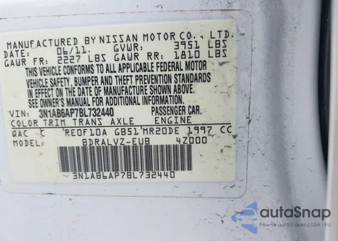 2011 Nissan Sentra 2.0Sl из США, поврежденный, VIN 3N1AB6AP7BL732440